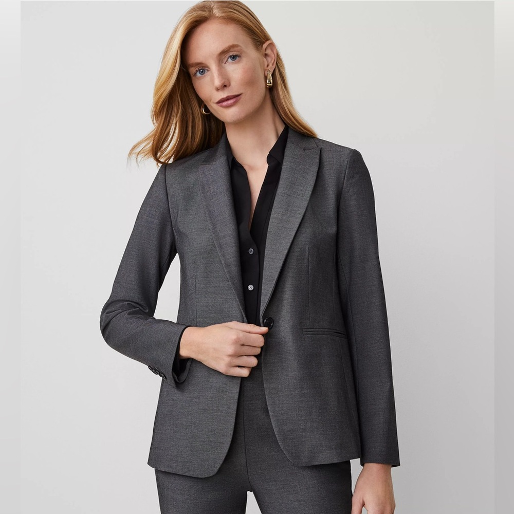 Ann Taylor Women's Gray Blazer The Long One-Button Blazer in Bi-Stretch